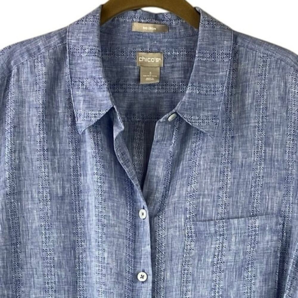 100% Linen Tunic Blouse Size XL 16/18 Blue Chambray Beach Coastal Resort